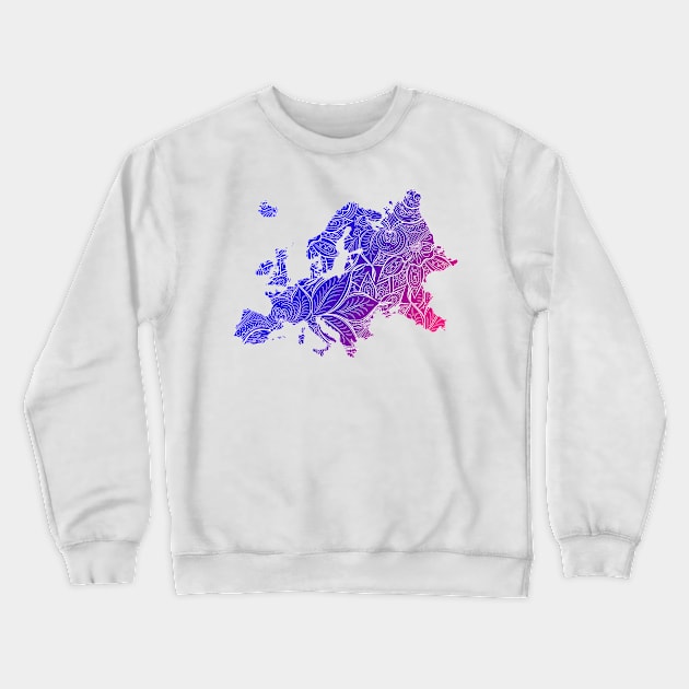 Colorful mandala art map of Europe with text in blue and violet Crewneck Sweatshirt by Happy Citizen